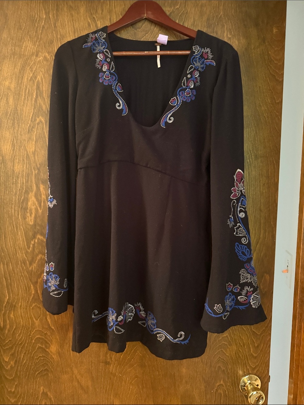 Free People Black Embroidered V-Neck Long Sleeve Dress